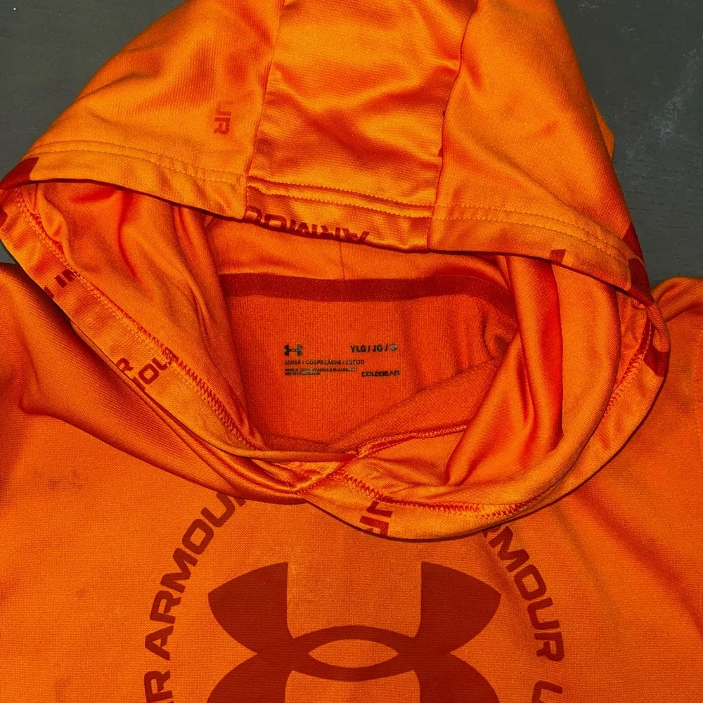 Under Armour Hunting Orange Hoodie Pullover Boys Large Kangaroo Pocket Sweat
